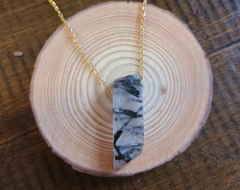 Tourmalinated Quartz Bar Pendant Necklace