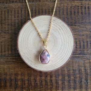 Dainty Rhodonite Gold Plated Tear Drop Charm Pendant Necklace