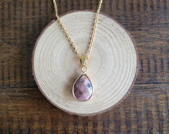 Dainty Rhodonite Gold Plated Tear Drop Charm Pendant Necklace