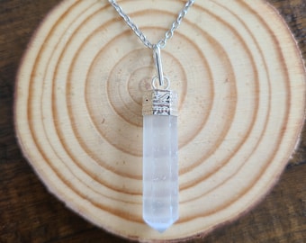 Satin Spar Selenite Pendant on a Stainless Steel Necklace