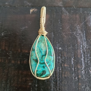 Chrysocolla and Malachite Wire Wrapped Cabochon Pendant Necklace