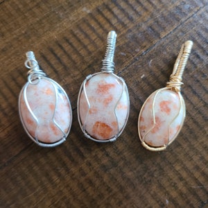 Sunstone Wire Wrapped Cabochon Pendant Necklace