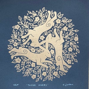Three Hares - original linocut print - handmade & hand printed - Tinners Rabbits - Gold on Black