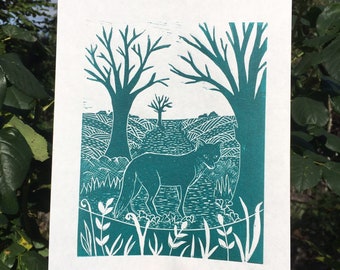Winter Fox original lino print in teal - woodland scene with red fox - handmade & hand printed