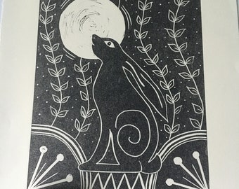 Moon gazing hare original limited edition linocut lino print - handmade & hand printed - plastic free packaging