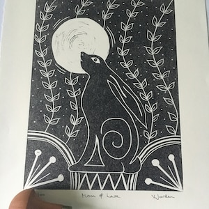 Moon gazing hare original limited edition linocut lino print - handmade & hand printed - plastic free packaging