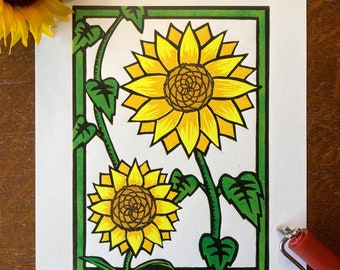 Sunflowers reduction lino print - limited edition - plastic free packaging