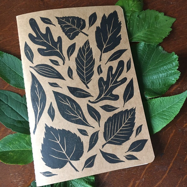 Linocut hand printed sketchbook with original leaf pattern cover