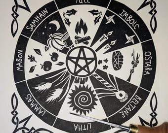 Wheel of The Year Original Linocut Print: Pagan Wiccan Celtic Art