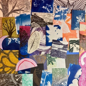 Paquet de papier pour collage - papiers techniques mixtes - imprimés à la main, chutes uniques d'impressions linogravure, gelée, cyanotype, monotype et pointe sèche