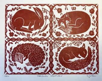 Seasonal Creatures - original linocut lino print, handmade & hand printed - Hare Fox Red Squirrel Hedgehog - sleeping animals - four seasons