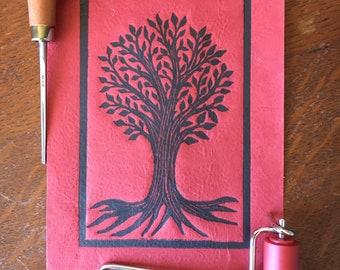 Tree of Life on red handmade paper - original linocut lino print - plastic free packaging