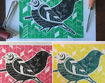Folk art birds in a choice of colours - original limited edition lino print - plastic free packaging