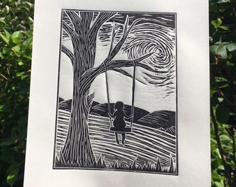 Contemplation, girl on a swing lino print original landscape art print - handmade & hand printed - gift for her