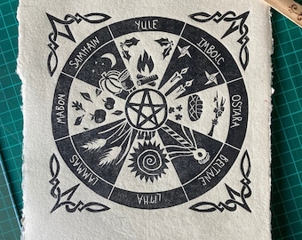 Wheel of the Year linocut print. Pagan, Wicca, Celtic art. Seasonal cycles / Sabbats. Handmade & hand printed