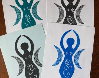 Pagan goddess original linocut lino print - handmade & hand printed - plastic free packaging - gift for her