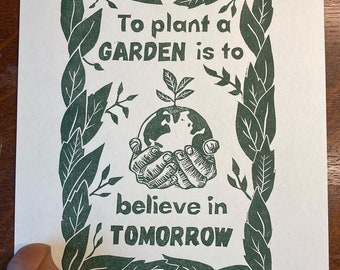 Original lino print ‘To plant a garden’ - Audrey Hepburn quote - handmade & hand printed