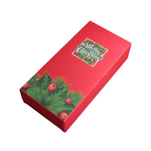 May include: Red gift box with a green holly and berry design. The box has a white square with the text "Merry Christmas" in white script.