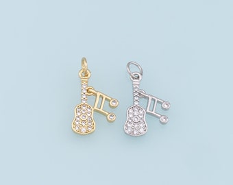 Gold Guitar Charms,18K Gold Filled CZ Micro Pave Guitar Pendant,Music Charm Bracelet Necklace for DIY Jewelry Making Supply