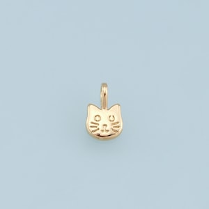 Pode incluir: Um amuleto dourado em forma de rosto de gato. O amuleto tem um design simples com dois pequenos círculos para os olhos e uma linha curva para o nariz e a boca.