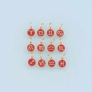 18K Gold Filled Enamel Zodiac Constellation Charms,Zodiac Symbol,Red Horoscope Charm,Gold Astrological Zodiac Sign Minimalist Jewelry
