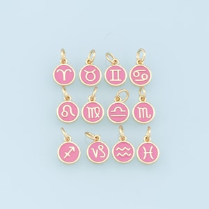 18K Gold Filled Enamel Zodiac Constellation Charms,Zodiac Symbol,Pink Horoscope Charm,Gold Astrological Zodiac Sign Minimalist Jewelry