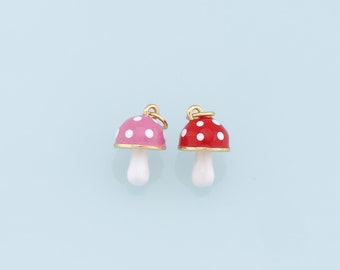 Gold Mushroom Charms,18K Gold Filled Enamel Mushroom Pendant,Kawaii Charm Bracelet Necklace for DIY Jewelry Making Supply