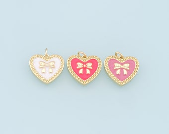 Gold Heart Charms,18K Gold Filled Bow Heart Pendant,Enamel Bow Tie Charm Bracelet Necklace for DIY Jewelry Making Supply