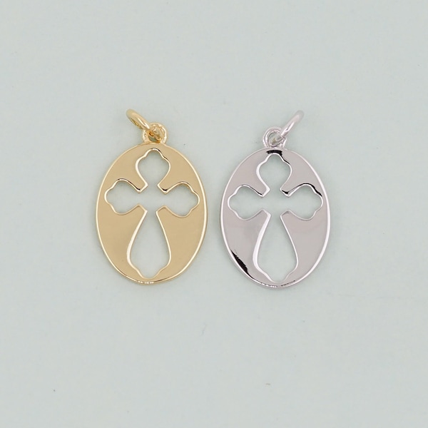 Gold Cross Charms,18K Gold Filled Cross Pendant,Silver Oval Charm Bracelet Necklace for DIY Jewelry Making Supply