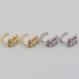 1pair 18K Gold Filled Dainty CZ leaf Hoop Earrings,CZ Ear Cuff No Piercing,Cartilage Earring,Ear Wrap Earrings