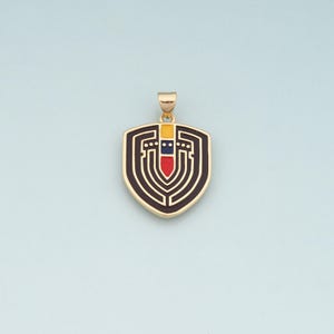 May include: Gold-toned pendant with a shield-like design. The pendant features a black border with a maze-like pattern and a central design in red, yellow, and blue. The pendant hangs from a small loop.