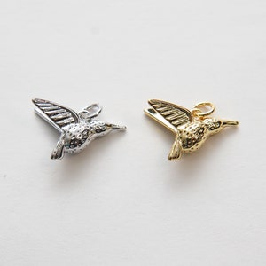 May include: Two hummingbird charms, one silver-colored and one gold-colored, are displayed against a white background. The charms are detailed with textured surfaces and wings in mid-flight. Each charm has a small loop for attaching to a necklace or bracelet.