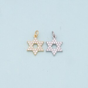 May include: Two silver and gold charms in the shape of a six-pointed star, also known as the Star of David, with clear crystals embedded in the surface.