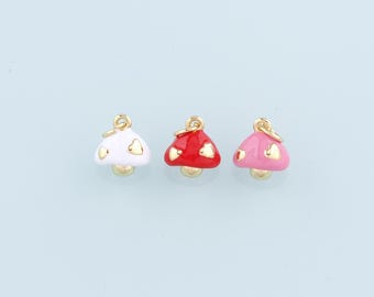 Gold Mushroom Charms,18K Gold Filled Enamel Mushroom Pendant,Kawaii Charm Bracelet Necklace for DIY Jewelry Making Supply