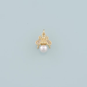 Gold Insect Charms,18K Gold Filled Pearl Bee Pendant,CZ Micro Pave Bee Charm Bracelet Necklace for DIY Jewelry Making Supply