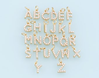 Dijes de letras doradas, colgante de letra de perla relleno de oro de 18 quilates, collar de pulsera con dije de perla para fabricación de joyas DIY.