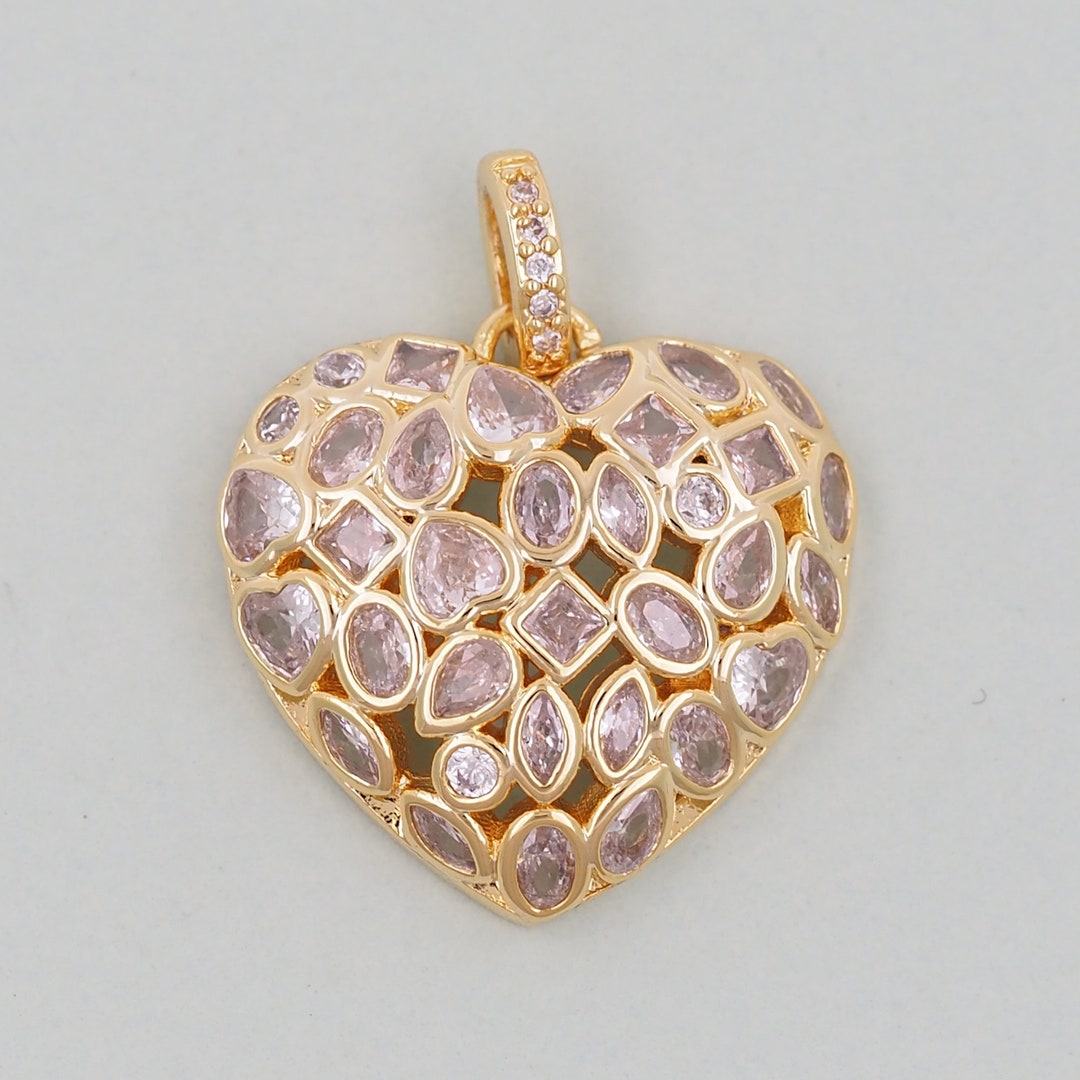 Gold Heart Charms,18k Gold Filled White Crystal CZ Heart Pendant,heart