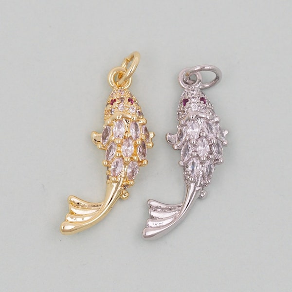 Gold Fish Charms,18K Gold Filled CZ fish Pendant,fish Charm Bracelet Necklace for DIY Jewelry Making Supply