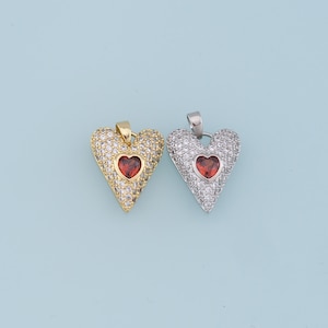 Gold Heart Charms,18K Gold Filled Red Heart Pendant,CZ Micro Pave Heart Charm Bracelet Necklace for DIY Jewelry Making Supply