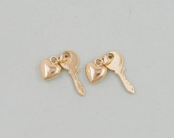 Gold Heart Key Charms,18K Gold Filled Key Pendant,Tiny Heart Charm Bracelet Necklace for DIY Jewelry Making Supply