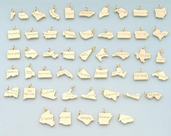 May include: A collection of gold-colored state charms, each shaped like the state it represents. The charms are arranged in rows and columns, with each charm labeled with the state's name. The charms are small and delicate, perfect for jewelry.