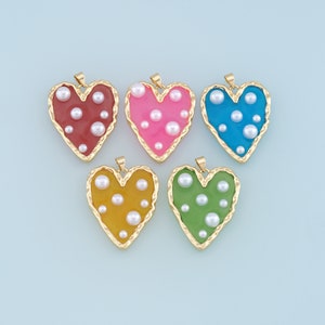 Gold Heart Pearl Charms,18K Gold Filled Clear Enamel Heart Pendant,Color Heart Charm Bracelet Necklace for DIY Jewelry Making Supply