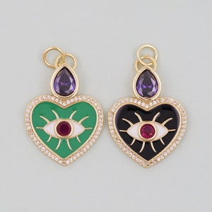 Gold Herz Evil Eye Charms, 18K Gold Füllte Herz Anhänger, Grün und Schwarz Herz Auge Charm Armband Halskette für DIY Schmuckherstellung Versorgung