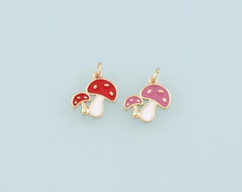 Gold Mushroom Charms,18K Gold Filled Enamel Mushroom Pendant,Kawaii Charm Bracelet Necklace for DIY Jewelry Making Supply
