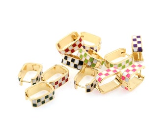 1pair 18K Gold Filled Checkered Hoops Earrings,Gold Earrings,Dainty Hoops Huggie,Gold Huggies Hoop Earrings
