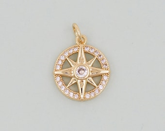 Gold Round north star Charms,18K Gold Filled Starburst Pendant,North Star Charm Bracelet Necklace for DIY Jewelry Making Supply