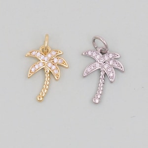 Gold Palm Tree Charms,18K Gold Filled Palm tree Pendant,CZ Micro Pave Silver Palm tree Charm Bracelet Necklace for DIY Jewelry Making Supply