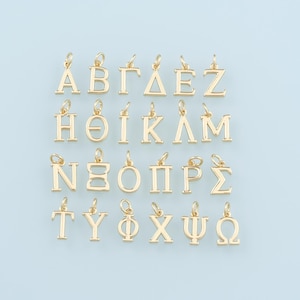Pingente de letras douradas, pingente de letras do alfabeto grego preenchido com ouro 18K, pulseira de pingente de pérola para fabricação de joias faça você mesmo