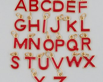 Gold letter Charms,18K Gold Filled letter Pendant,Red enamel initial Charm Bracelet Necklace for DIY Jewelry Making Supply