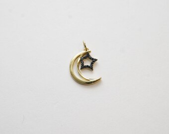 Gold Moon Star Charms,18K Gold Filled CZ Micro Pave Star Pendant,Black Star Charm Bracelet Necklace for DIY Jewelry Making Supply